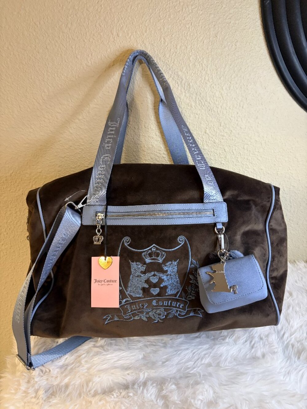 Juicy Couture "New Love Chapter" Scottie Dog Brown Blue  Duffel Travel Bag NWT